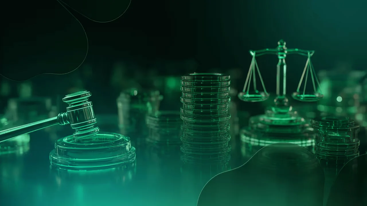 Marteau de juge et balance rendus dans la palette verte de Soft2Bet, représentant la responsabilité réglementaire